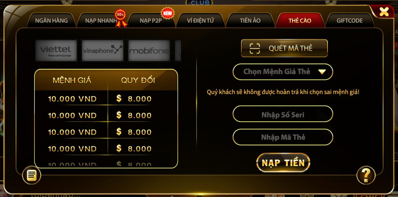 nạp thẻ cào